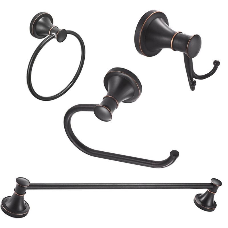 BESy Oil Rubbed Bronze 4 Piece Bathroom Accessories Set (Single Towel Bar, Towel Ring, Toilet Paper Holder, Double Towel Hooks), Wall Mounted Bath Hardware Accessory Fixtures Set - Image 1